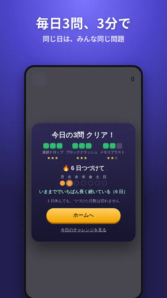 今日の3問の結果の画面